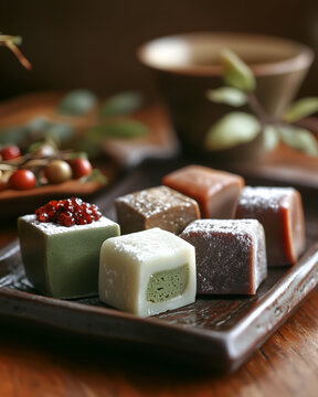 Japanese wagashi assortment with seasonal flavors on lacquered tray