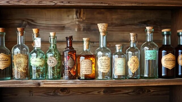 Antique Apothecary Bottles on Wooden Shelf: A Collection of Vintage Glass Vessels with Aged Labels