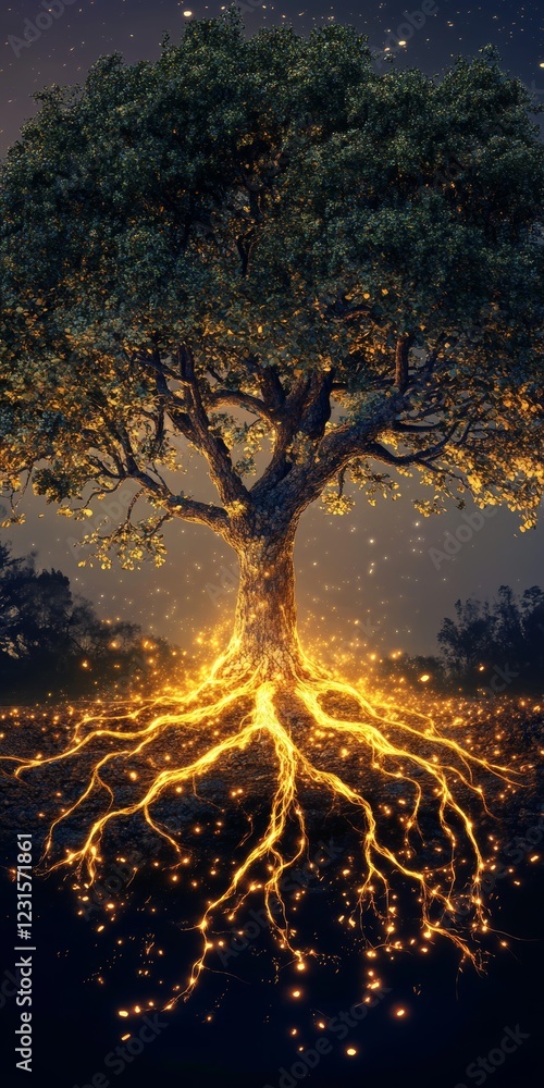 Poster a tree with glowing roots is the main focus of the image