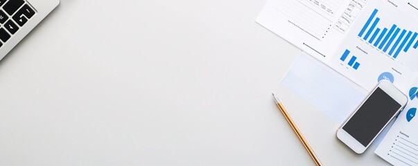 A flat lay of financial reports, graphs, and a smartphone displaying stock market data on a sleek desk.