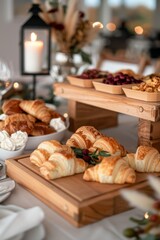 Naklejka premium Breakfast Buffet: A spread of croissants, scrambled eggs, fruit platters, and coffee urns. Catering. Hotel. Morning.