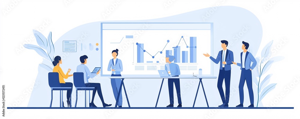 Poster a startup founder pitching to investors in a minimalist meeting room with a large screen displaying 