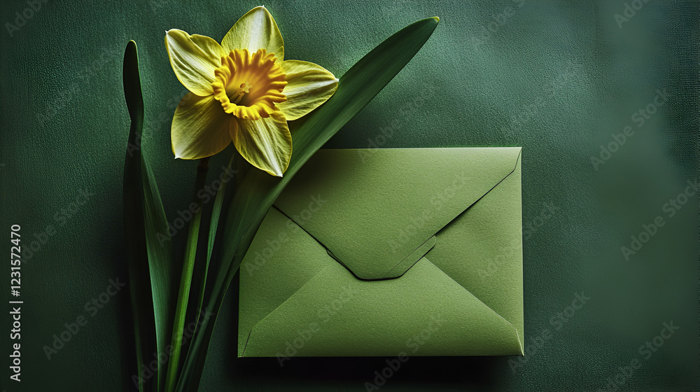 Poster springtime message: a delicate yellow daffodil rests beside a sage green envelope, creating a scene 