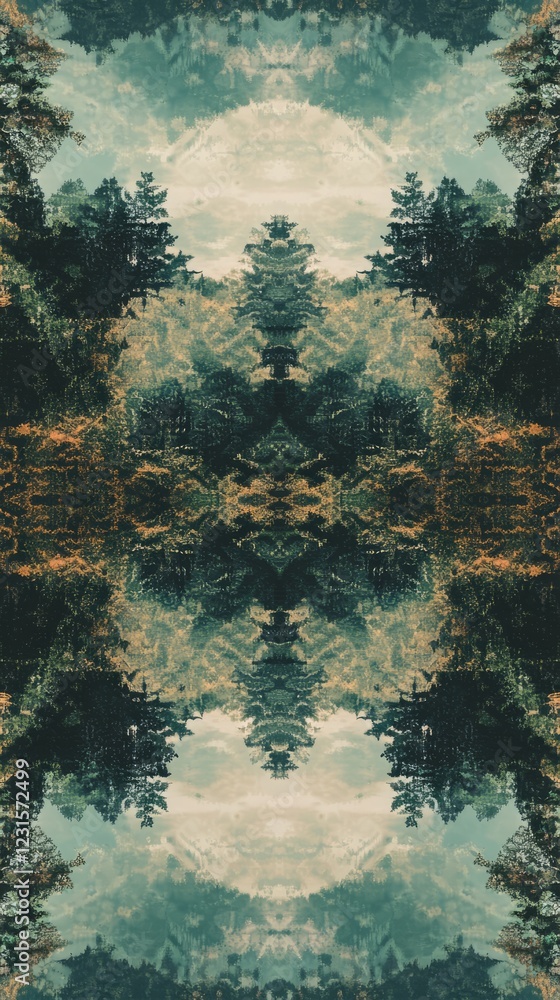 Poster abstract symmetrical image of a forest with lush trees and a cloudy sky, creating a mirrored nature 