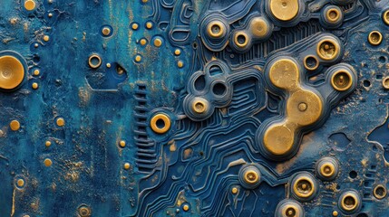 Abstract blue and gold circuitry pattern for technology or science backgrounds and presentations