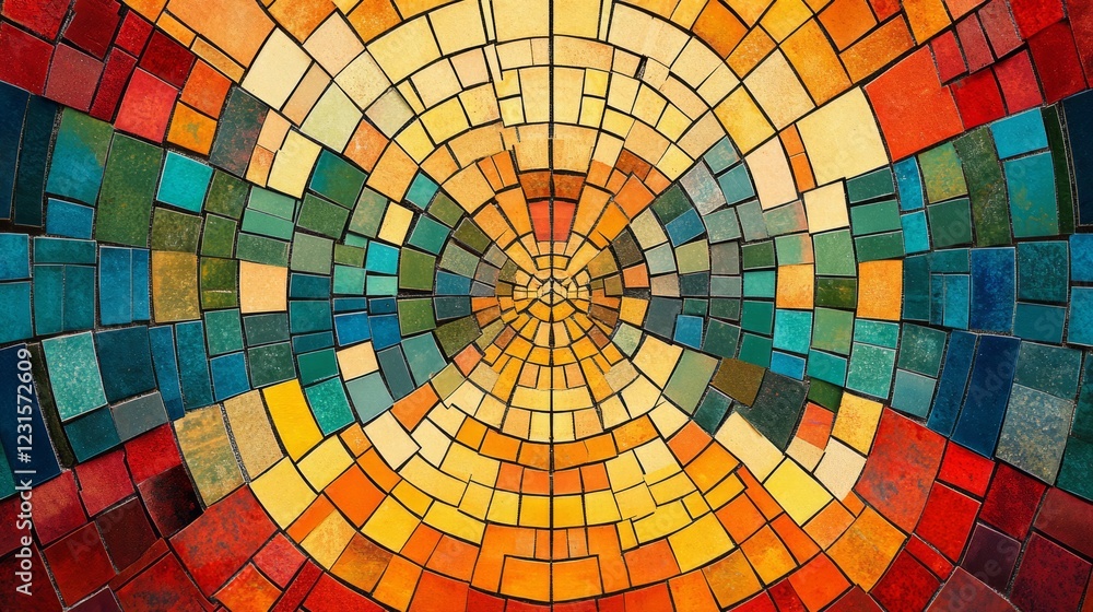 Poster a vivid abstract mosaic featuring a circular design with colorful geometric patterns, perfect for mo