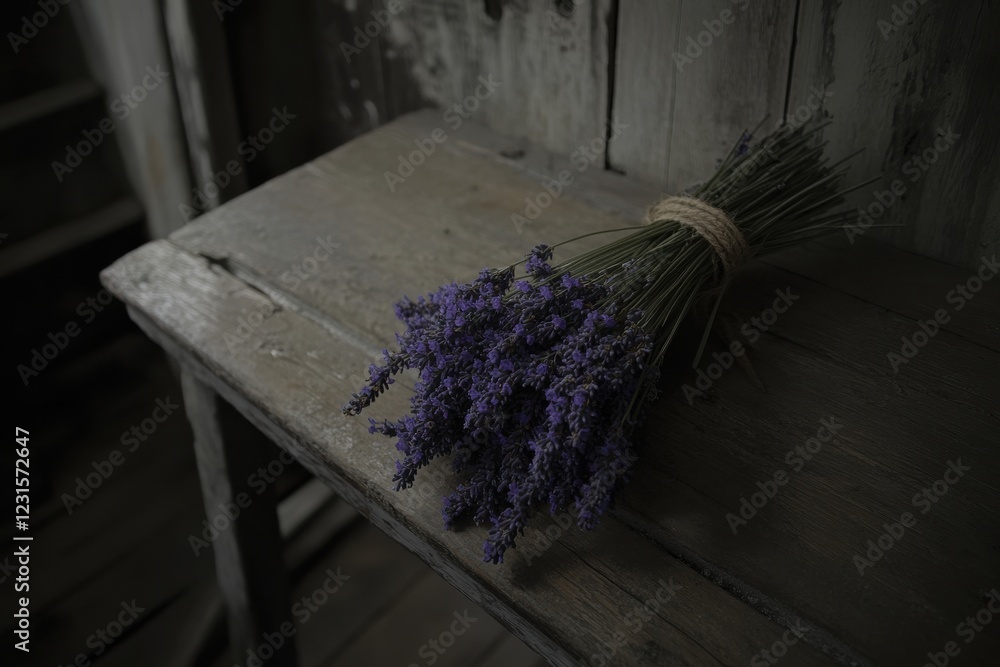 Poster rustic arrangement of lavender flowers tied with twine resting on a wooden table in soft diffused in