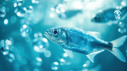 Naklejka premium A school of fish swims in the ocean, with one fish in the foreground and two others in the background.