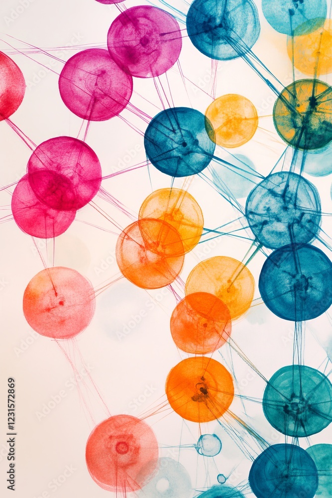 Poster vibrant abstract design featuring colorful circles interconnected by lines, forming a dynamic geomet
