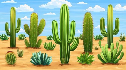 Pixelated Desert Landscape Featuring Various Cacti and Low-Lying Desert Plants