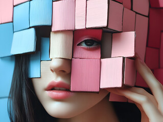 Peek-a-Boo: A captivating portrait of a woman with her face partially obscured by an abstract mask...