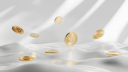 Blue and yellow pills, like coins, fall into clear water, suggesting a pharmaceutical texture