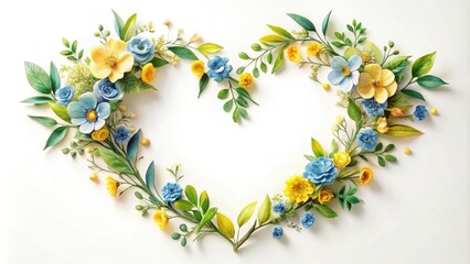 Heart-Shaped Floral Arrangement of Yellow and Blue Blossoms with Lush Greenery