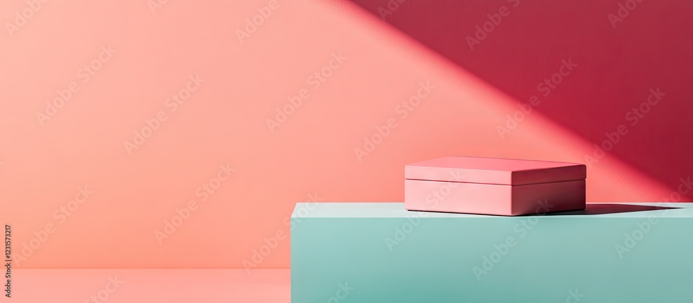 Poster minimalist composition featuring a pink box on a light turquoise pedestal with soft peach and coral 