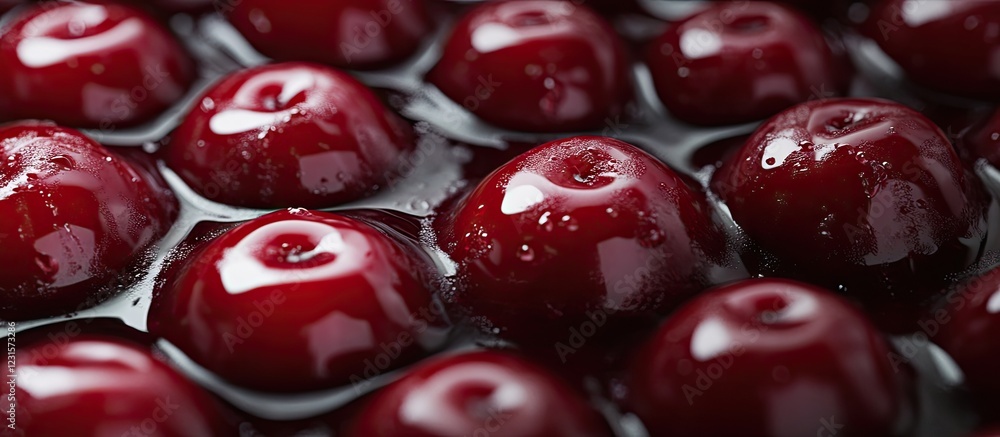 Poster close up view of shiny red cherries submerged in rich dark cherry glaze emphasizing vibrant colors a