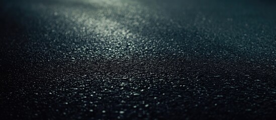 Black tarmac road with wet asphalt glistening under dim light, creating an inviting travel theme, stretching into the distance, ideal for exploration.
