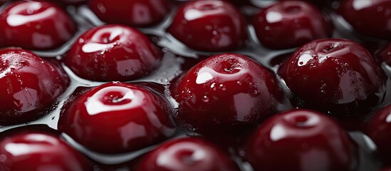 Close up view of shiny red cherries submerged in rich dark cherry glaze emphasizing vibrant colors and smooth textures ideal for dessert enthusiasts