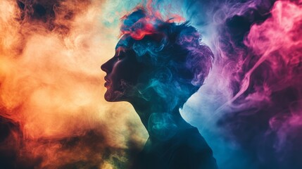 Silhouette of a woman surrounded by swirling colorful smoke, creating a dreamlike and artistic atmosphere.