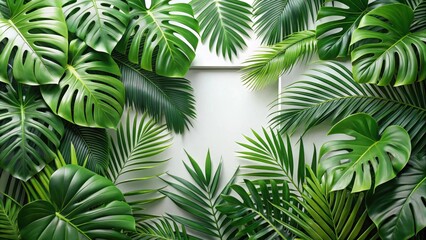 Lush Tropical Foliage Arranged in a Vibrant Green Frame with a Central Blank Space
