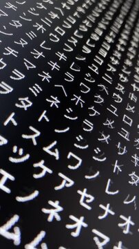 コンピュータ空間のランダムな文字列・さまざまな文字を含むデータベース・エンコードされたプログラム内のデータセット・数学的計算・カタカナ・日本語・縦長・ビデオ
