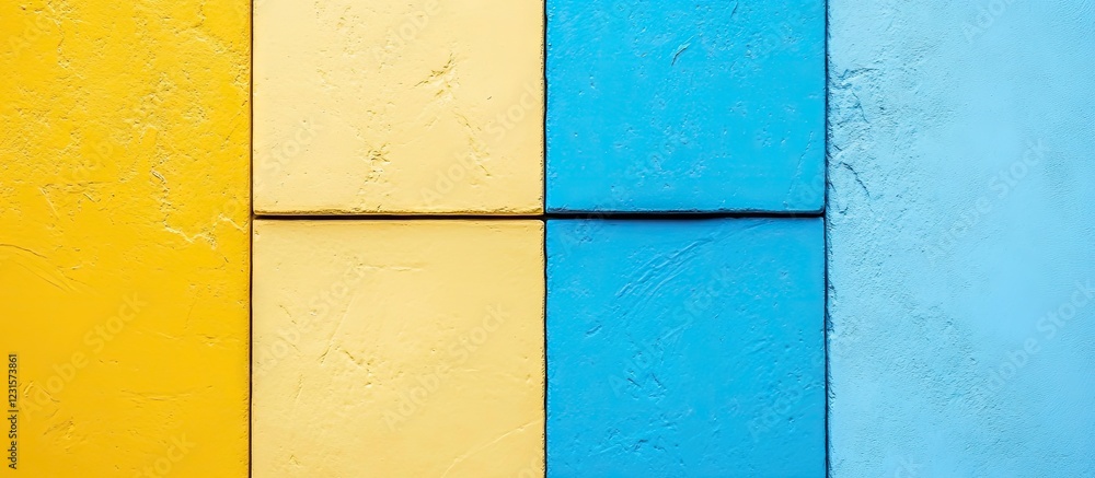 Poster vibrant yellow and blue square shapes arranged in a grid format creating a textured background ideal