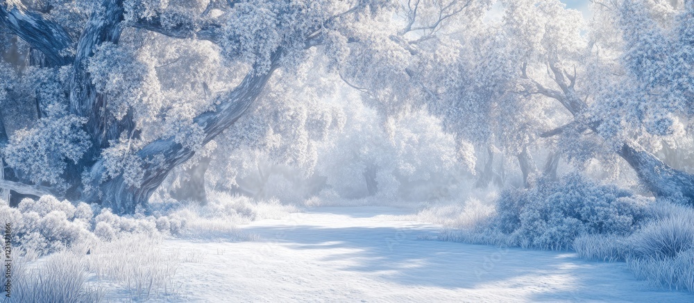 Poster serene winter landscape with snow-covered trees and a tranquil path surrounded by frosty branches un