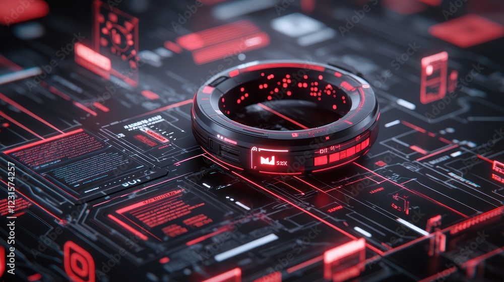 Poster a futuristic digital interface featuring a glowing ring surrounded by intricate circuitry and glowin