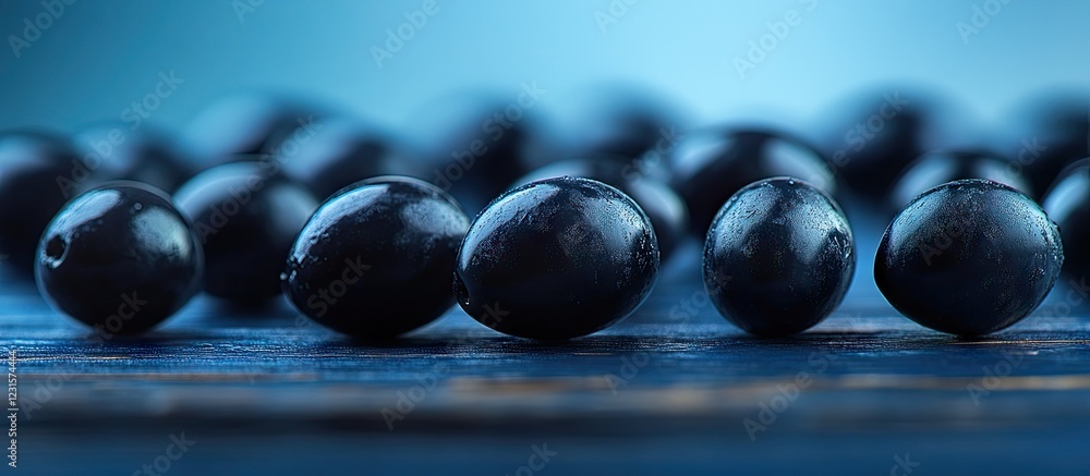 Poster flat lay of pitted black olives arranged on dark wood with a smooth blue gradient background emphasi