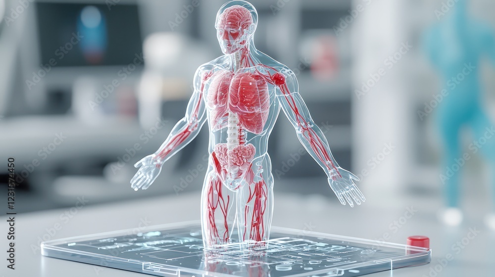 Poster a transparent human model displays anatomical structures, showcasing muscles and organs in a modern 