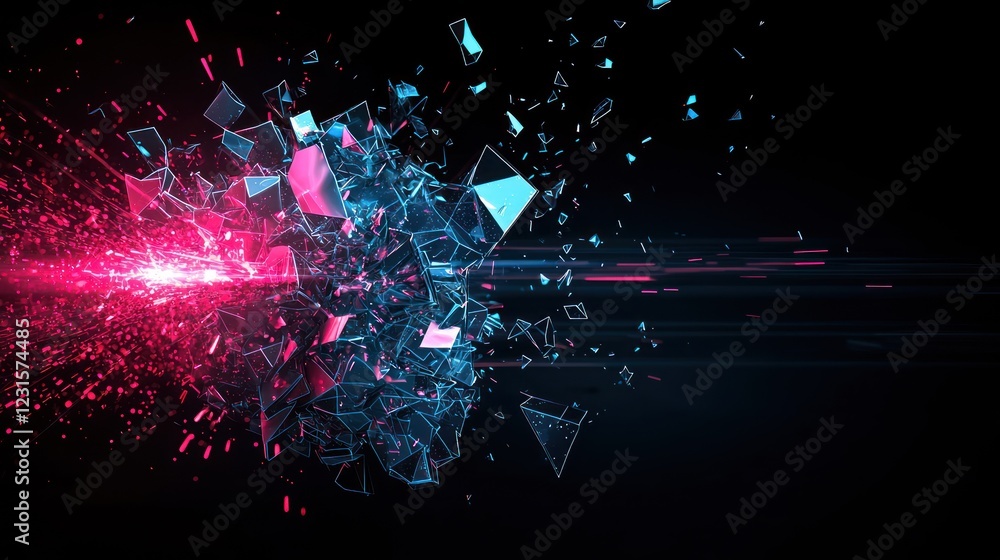 Poster a vibrant explosion of geometric shapes in blue and pink against a dark background, creating a dynam