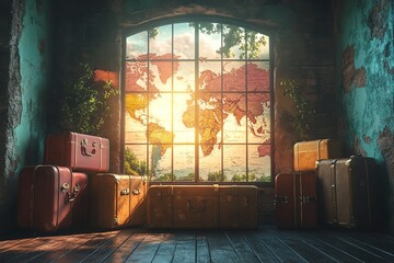 Vintage Suitcases Before a World Map Window: A Nostalgic Travel Scene