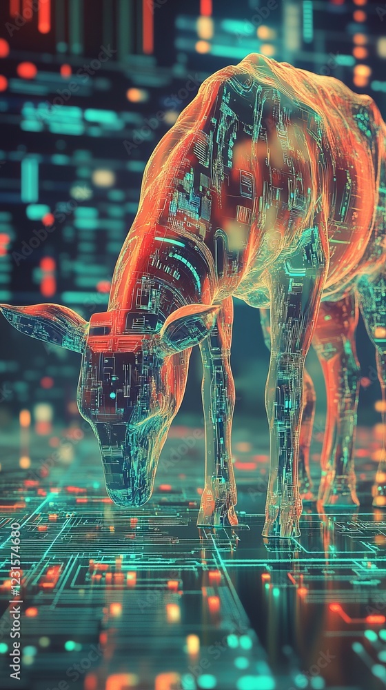 Poster a digital cow in a virtual world, blending nature with technology, illuminated by neon lights and ci