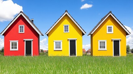Three vibrantly colored houses standing in a lush green field under a bright blue sky