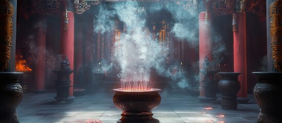 Serene temple interior with swirling incense smoke rising from a central pot surrounded by dark pillars and dimly lit vibrant red accents in the background
