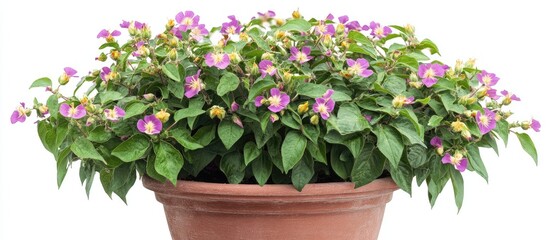 Vibrant pot of flowering solanum rantonnetii showcasing purple blossoms and lush green leaves, creating an eye-catching indoor display