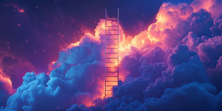 Ladder to the Cosmos, A Mystical Journey through Vivid Dreams and Celestial Clouds