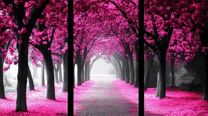 Pink blossom tree tunnel path, spring scene, misty background, nature wall art