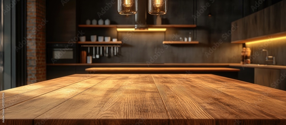 Poster stylish empty wooden tabletop in foreground with warm led lighting kitchen in dark tones in backgrou