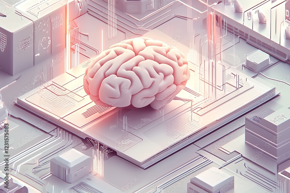 Poster a digital illustration of a brain on a circuit board, symbolizing artificial intelligence and advanc