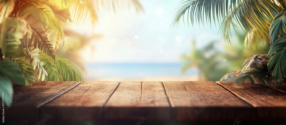 Aufkleber empty wooden table in the foreground with blurred tropical beach and palm trees in soft greens and b