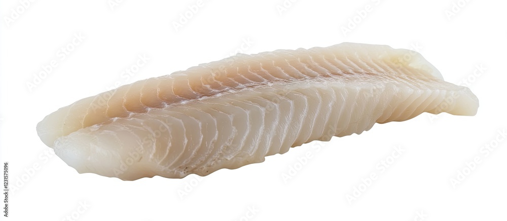 Poster delicate white fish fillet displayed horizontally on a clean white background emphasizing its smooth