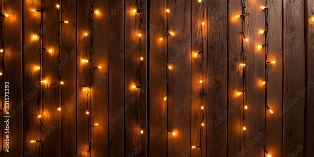 Canvas Prints twinkling warmth on rustic wood: a string of warm white fairy lights cascade down a rustic wood pane