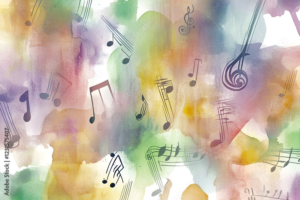 Poster watercolor music notes: an abstract watercolor painting featuring a vibrant array of musical notes s