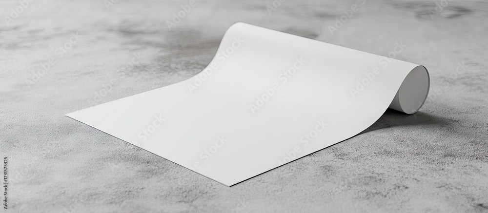 Poster minimalistic workspace mockup featuring a rolled white paper on a textured gray surface, ideal for p