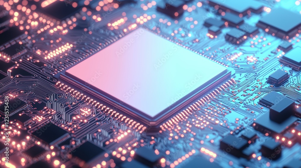 Poster detailed 3d rendering of a circuit board with illuminated traces in neon blue and pink, creating a m