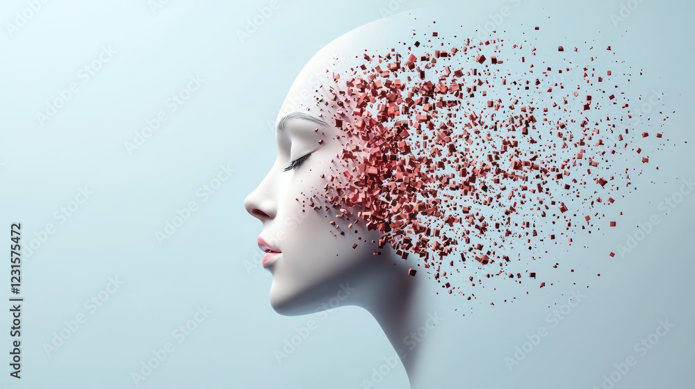 Poster a surreal digital artwork depicting a woman's face dissolving into particles, symbolizing transforma