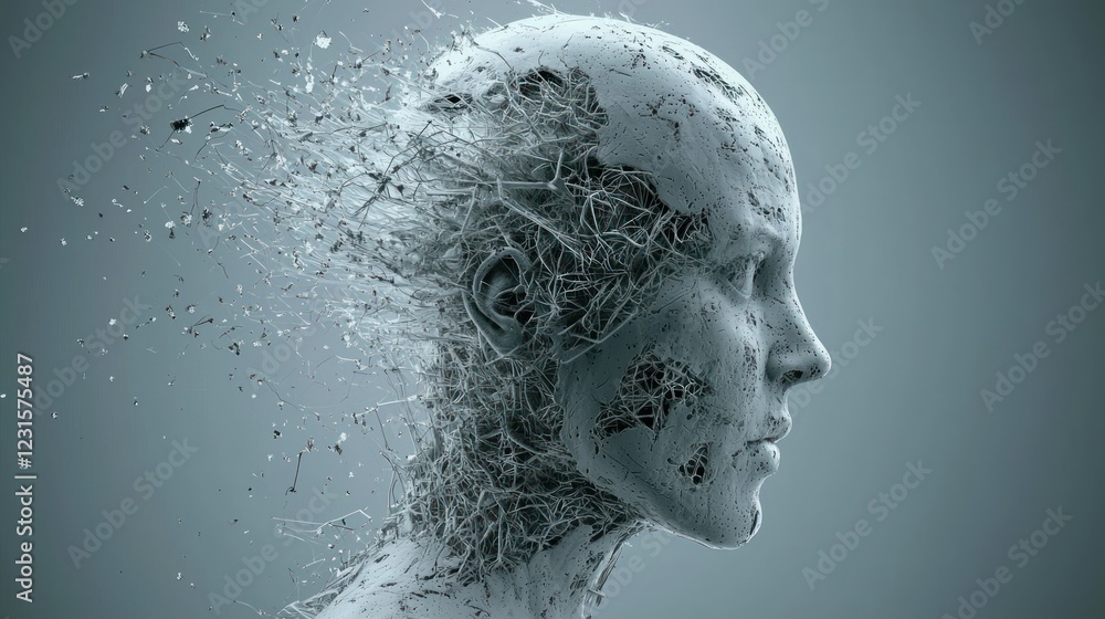 Poster a digital representation of a fragmented human face, symbolizing the blend of technology and humanit