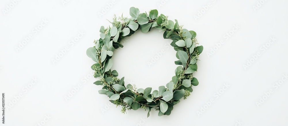 Poster eucalyptus wreath featuring lush green branches arranged in a circular layout on a neutral backgroun