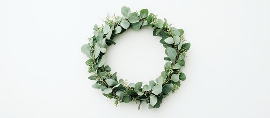 Eucalyptus wreath featuring lush green branches arranged in a circular layout on a neutral background, evoking a calming and natural ambiance.