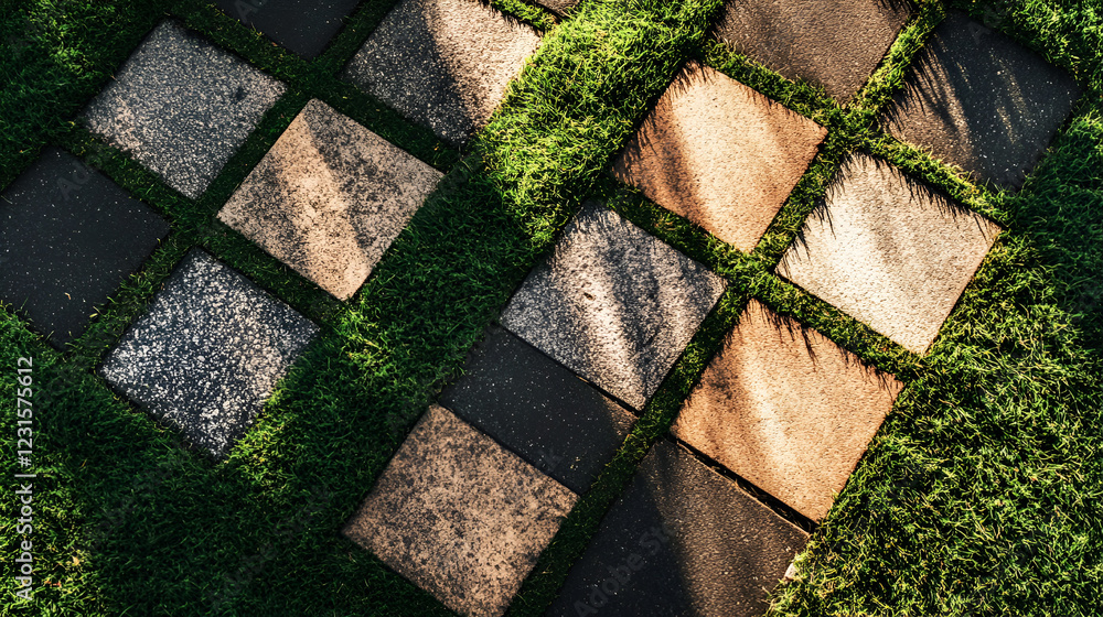 Poster stone & grass pathway: a close-up view of a unique pathway, featuring alternating stone tiles and vi